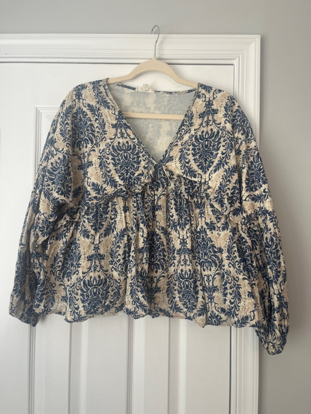 Boho V-Neck Peasant Top in Navy and Cream